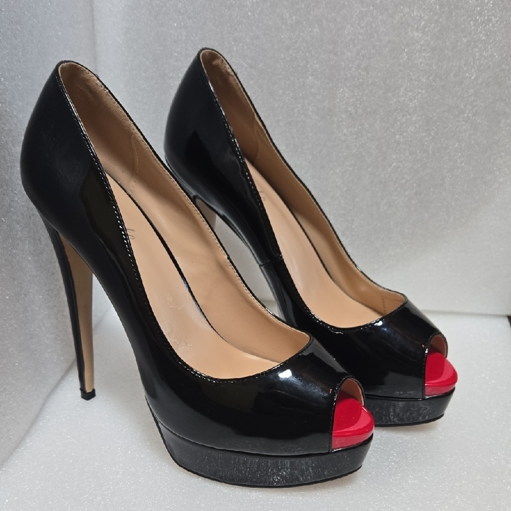 Marumote 6" SHINEY BLACK STILETTOS W/ RED PEEP VALENTINE'S  DIVA 9.5 - Picture 6 of 17